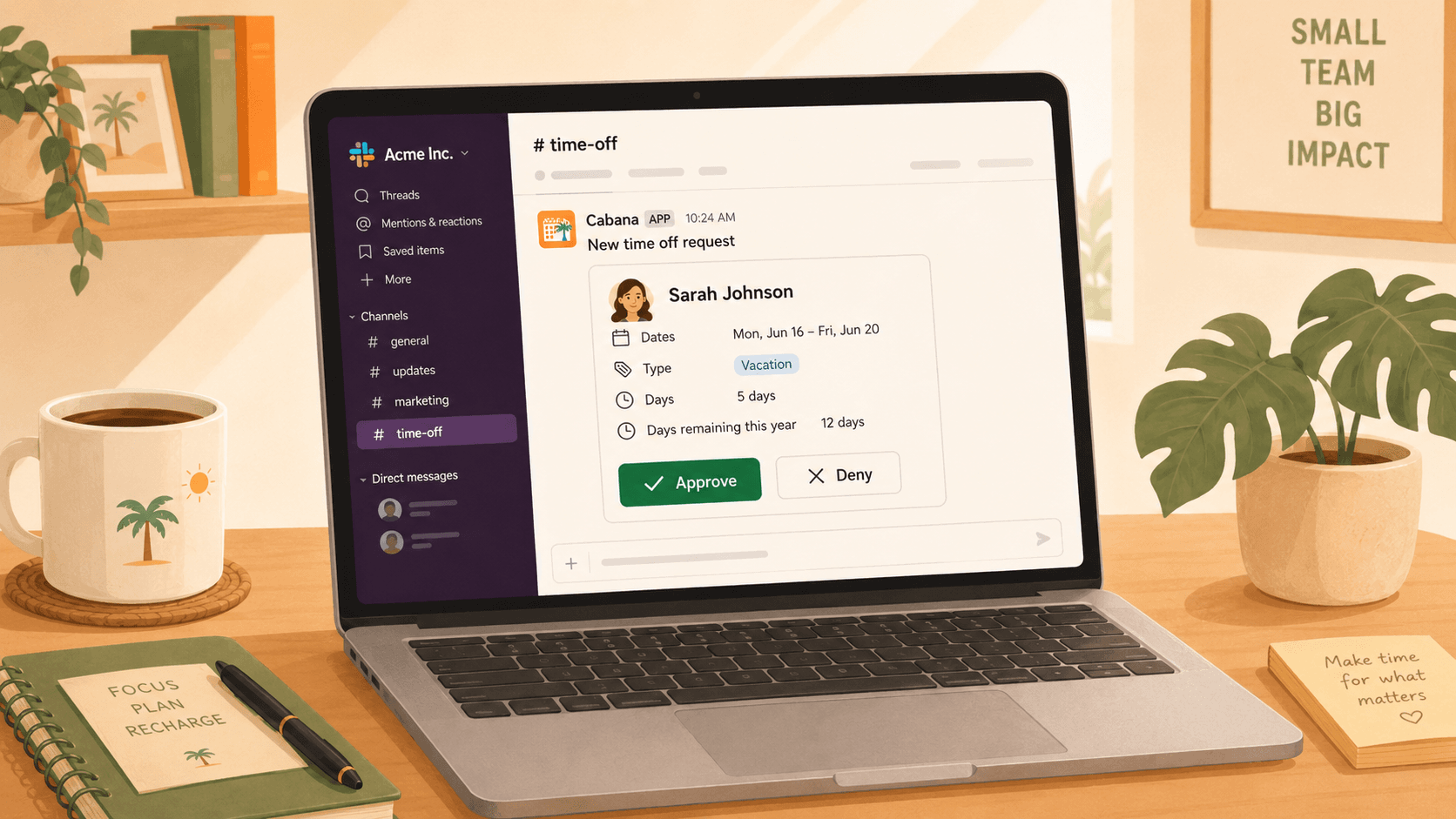 Cabana PTO request card as it appears in a Slack channel, with approve and deny buttons