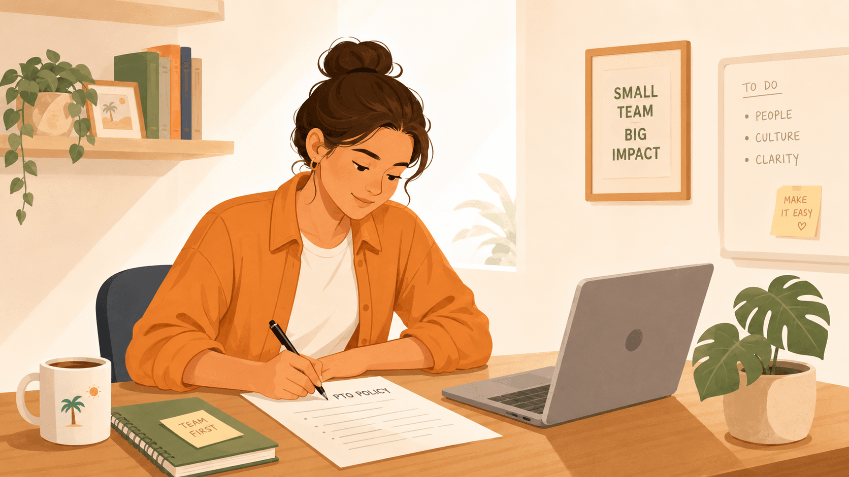 A founder at a desk writing a PTO policy document