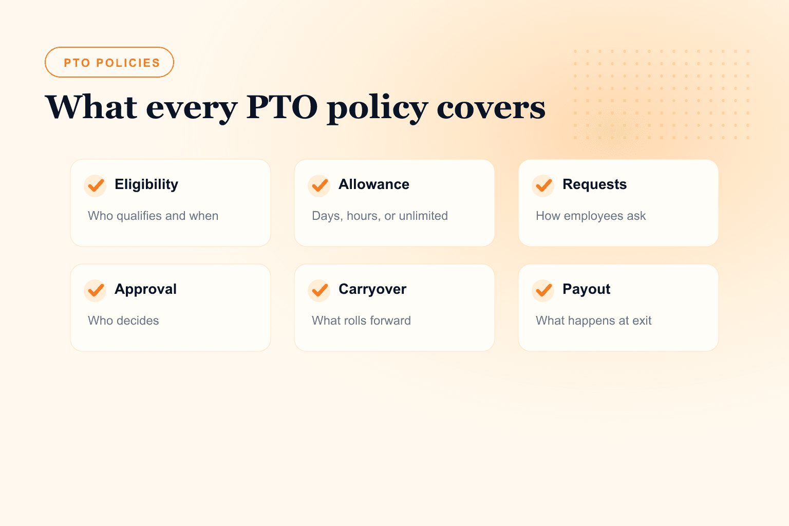 Paid time off policy checklist covering eligibility allowance requests approvals carryover and payout