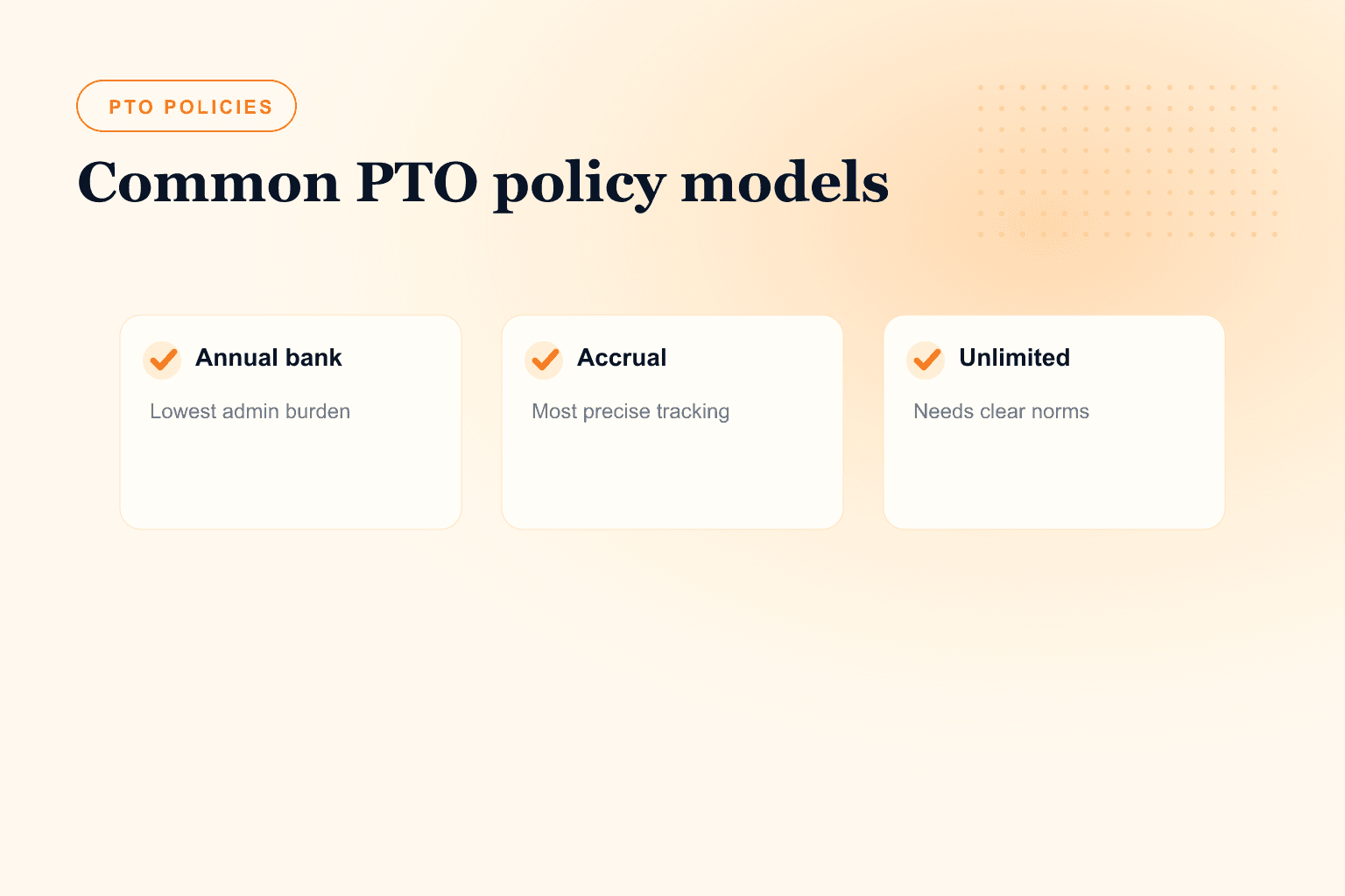 Common PTO policy models for annual bank accrual and unlimited PTO