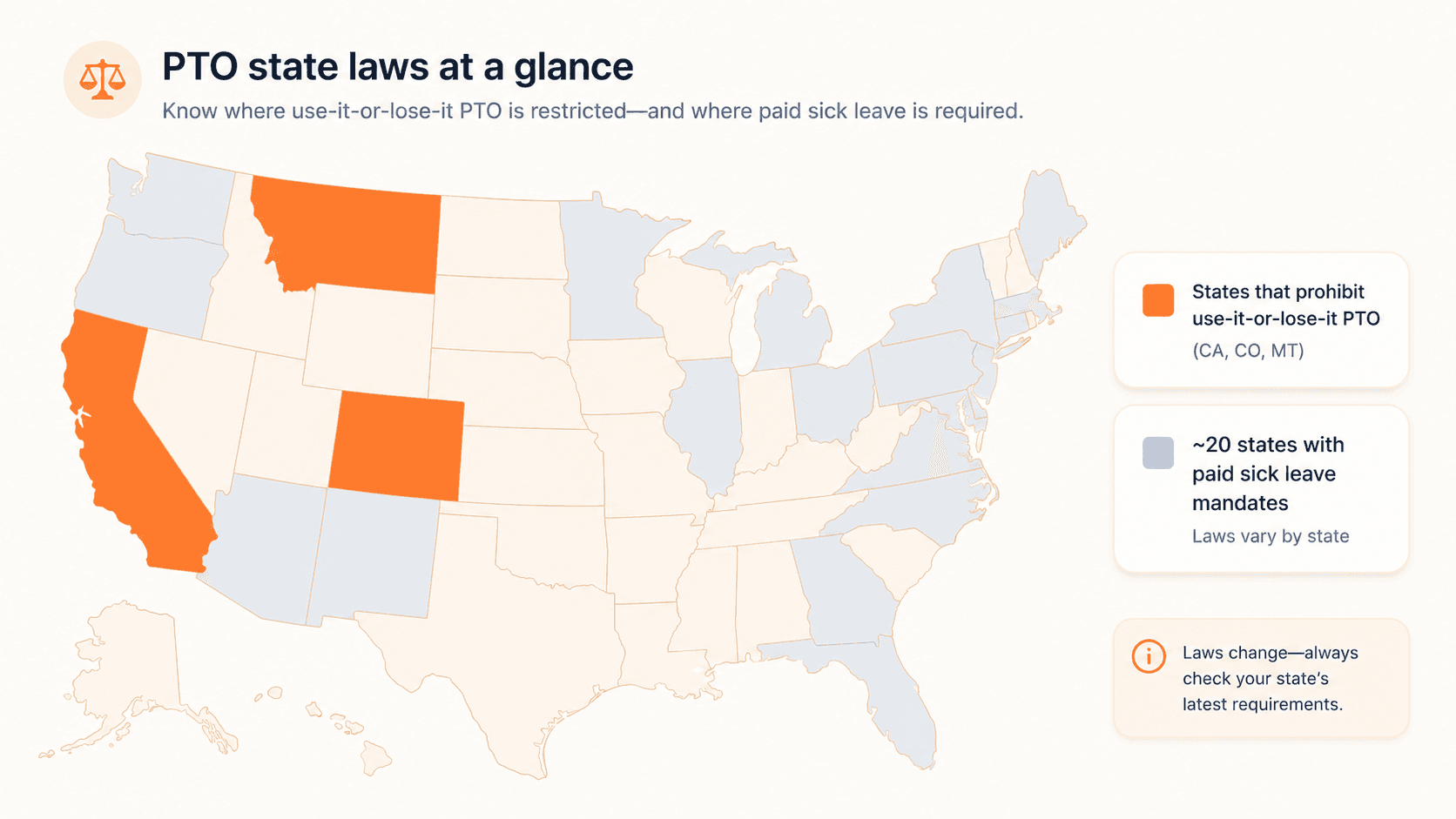 US map highlighting states with restricted use-it-or-lose-it PTO policies