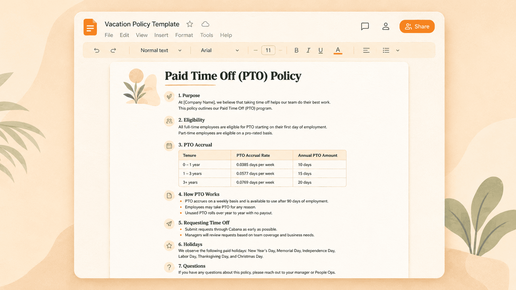 The vacation policy template rendered as a clean document