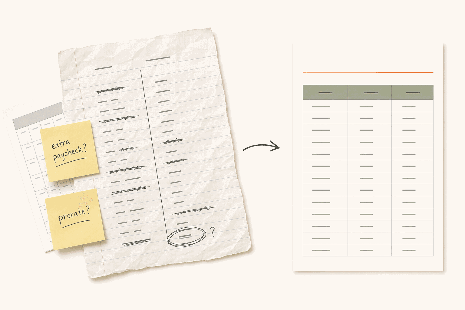 Handwritten accrual calculations crossed out and rewritten, next to a clean printed accrual schedule