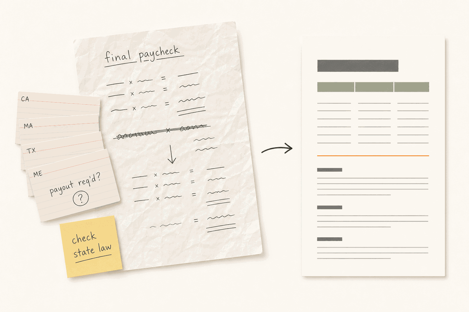 Handwritten final-paycheck calculations and state law notes, next to a clean printed PTO payout summary