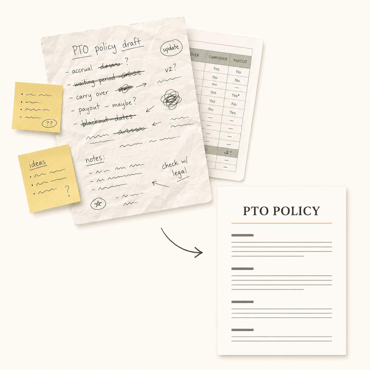 Before and after: messy paper notes replaced by a clean PTO policy document